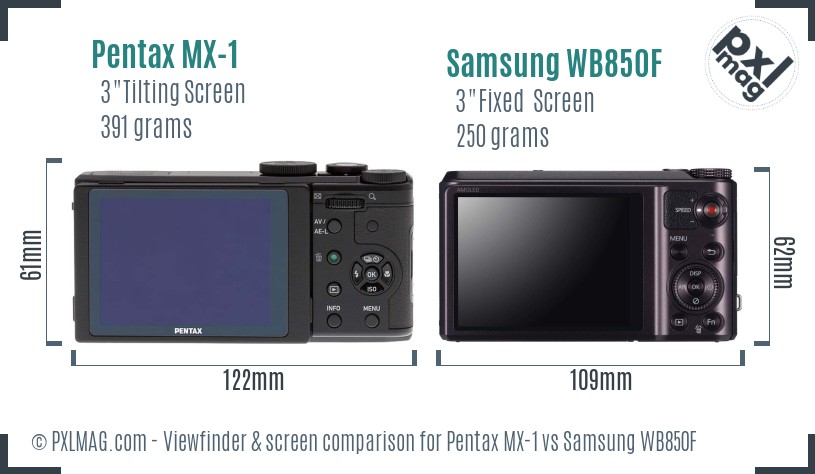 Pentax MX-1 vs Samsung WB850F Screen and Viewfinder comparison