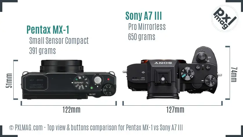 Pentax MX-1 vs Sony A7 III top view buttons comparison