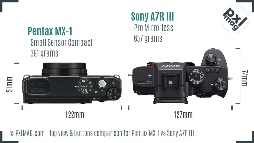 Pentax MX-1 vs Sony A7R III top view buttons comparison