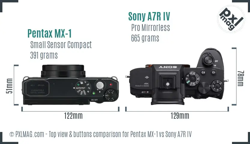 Pentax MX-1 vs Sony A7R IV top view buttons comparison