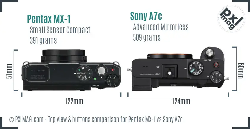 Pentax MX-1 vs Sony A7c top view buttons comparison Pentax MX-1 vs Sony A7c top view buttons comparison