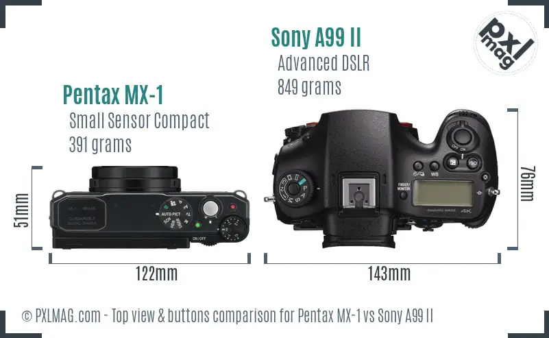 Pentax MX-1 vs Sony A99 II top view buttons comparison