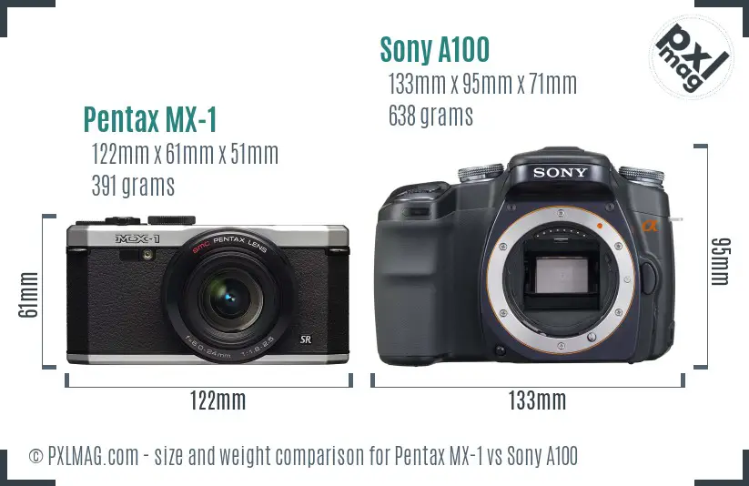 Pentax MX-1 vs Sony A100 size comparison