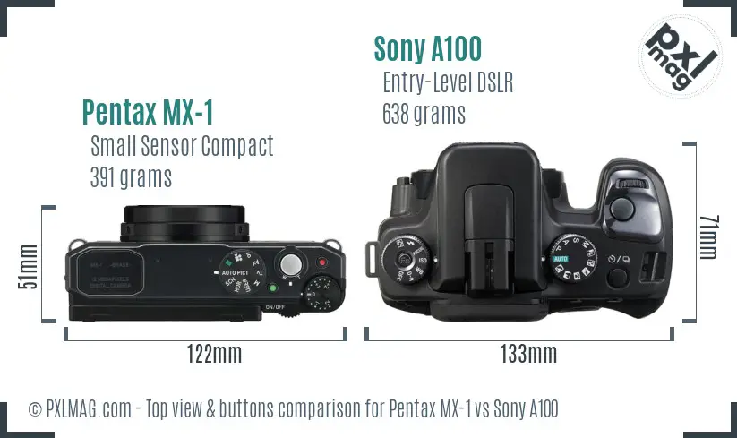 Pentax MX-1 vs Sony A100 top view buttons comparison
