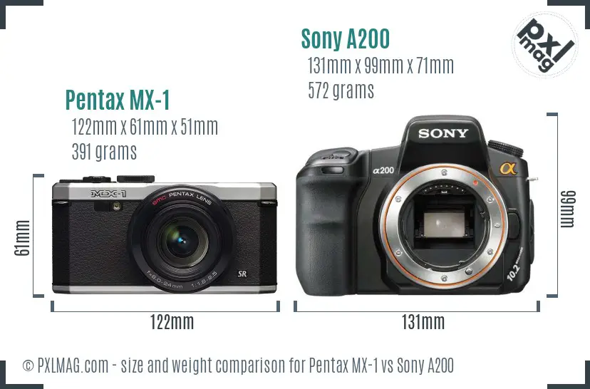 Pentax MX-1 vs Sony A200 size comparison