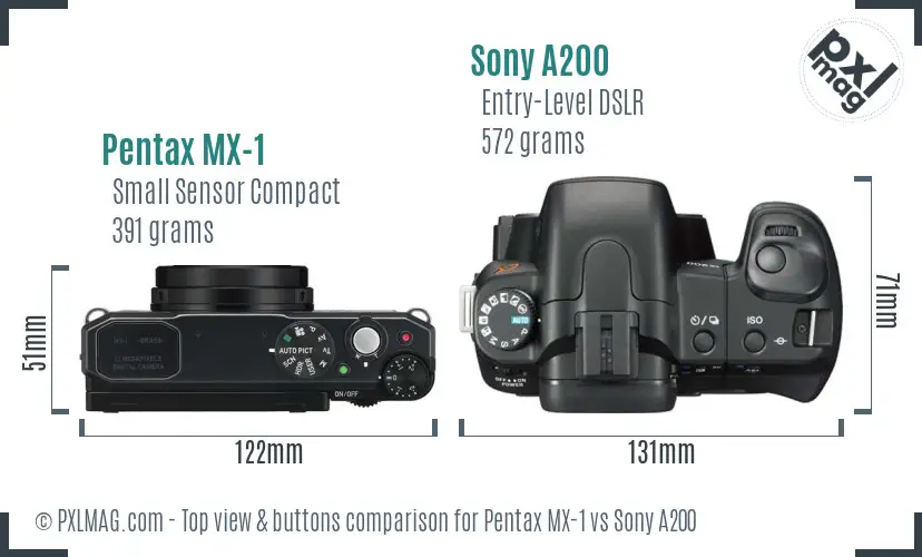 Pentax MX-1 vs Sony A200 top view buttons comparison