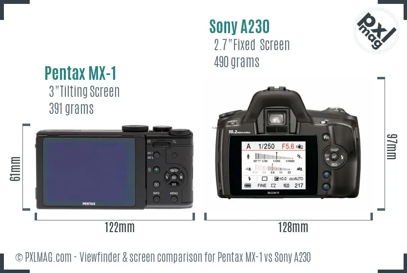 Pentax MX-1 vs Sony A230 Screen and Viewfinder comparison