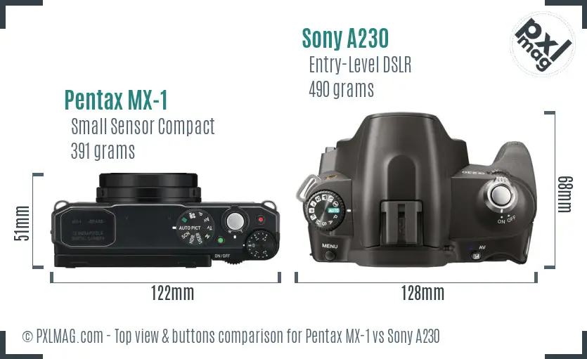 Pentax MX-1 vs Sony A230 top view buttons comparison