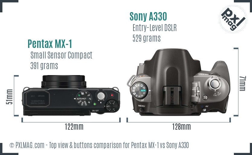 Pentax MX-1 vs Sony A330 top view buttons comparison