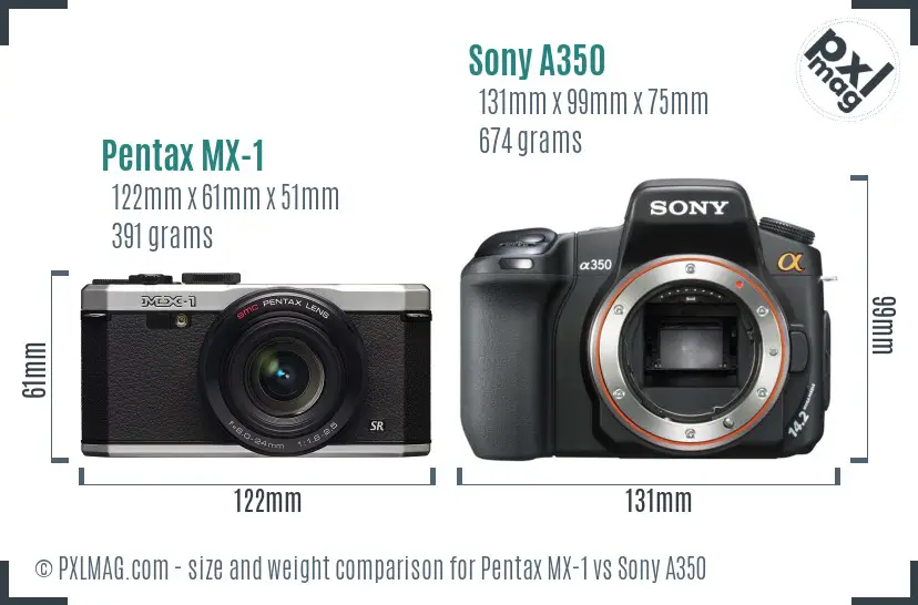 Pentax MX-1 vs Sony A350 size comparison Pentax MX-1 vs Sony A350 size comparison