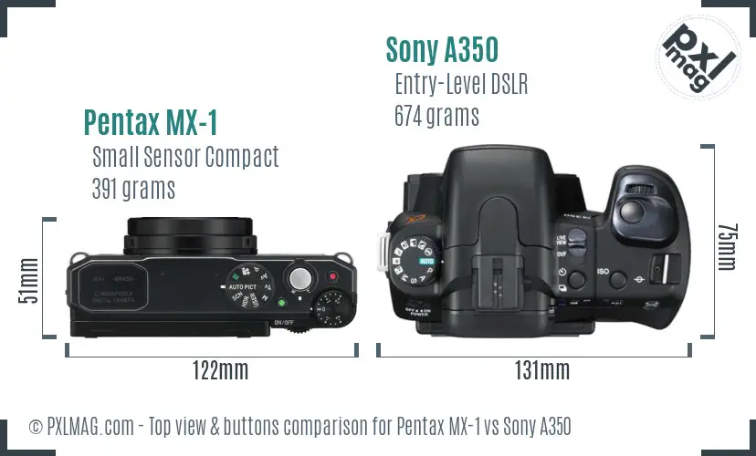 Pentax MX-1 vs Sony A350 top view buttons comparison Pentax MX-1 vs Sony A350 top view buttons comparison