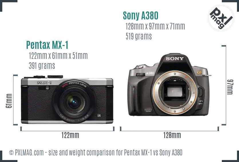 Pentax MX-1 vs Sony A380 size comparison