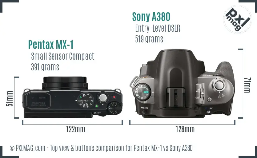 Pentax MX-1 vs Sony A380 top view buttons comparison