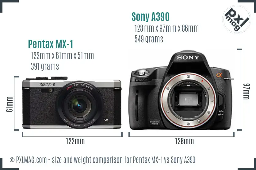 Pentax MX-1 vs Sony A390 size comparison