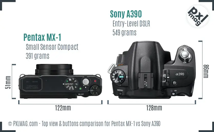 Pentax MX-1 vs Sony A390 top view buttons comparison