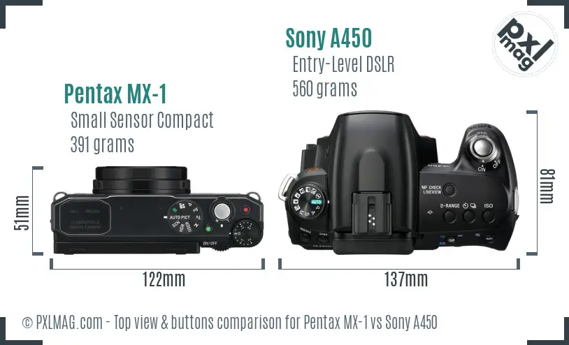 Pentax MX-1 vs Sony A450 top view buttons comparison Pentax MX-1 vs Sony A450 top view buttons comparison
