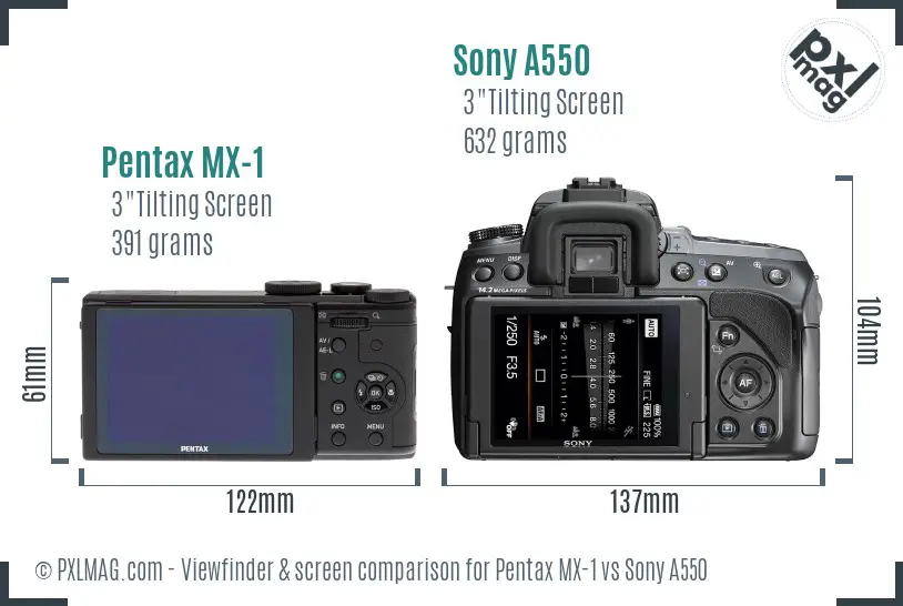 Pentax MX-1 vs Sony A550 Screen and Viewfinder comparison