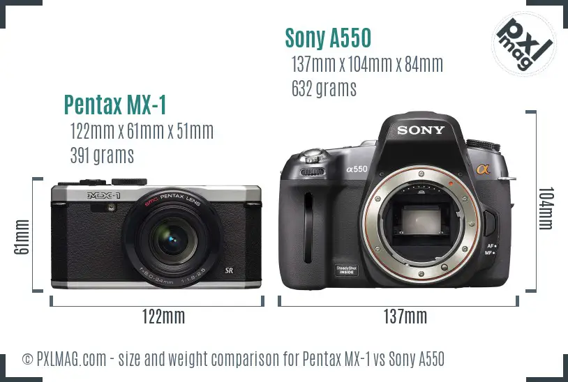 Pentax MX-1 vs Sony A550 size comparison Pentax MX-1 vs Sony A550 size comparison