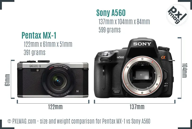 Pentax MX-1 vs Sony A560 size comparison