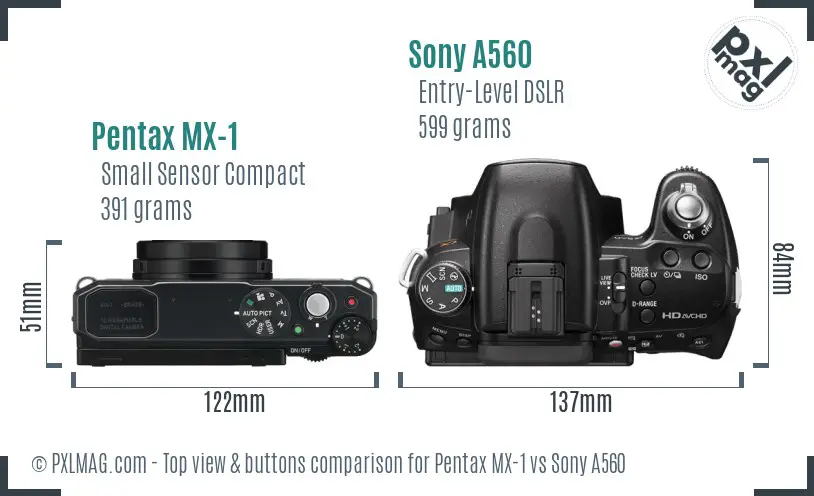 Pentax MX-1 vs Sony A560 top view buttons comparison