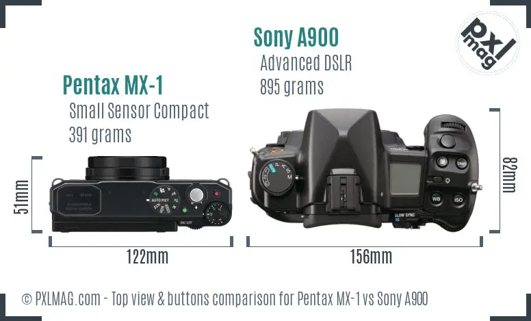 Pentax MX-1 vs Sony A900 top view buttons comparison