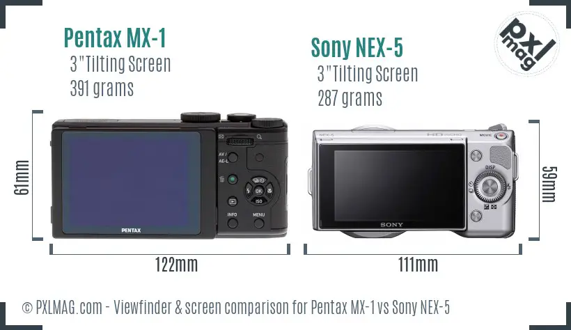 Pentax MX-1 vs Sony NEX-5 Screen and Viewfinder comparison Pentax MX-1 vs Sony NEX-5 Screen and Viewfinder comparison