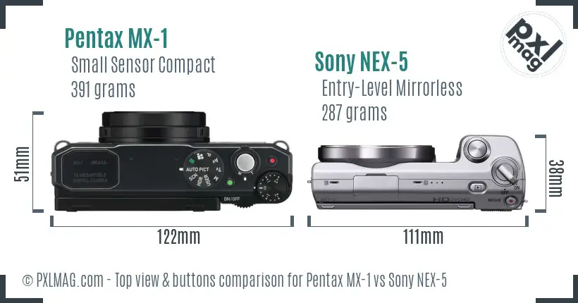 Pentax MX-1 vs Sony NEX-5 top view buttons comparison Pentax MX-1 vs Sony NEX-5 top view buttons comparison