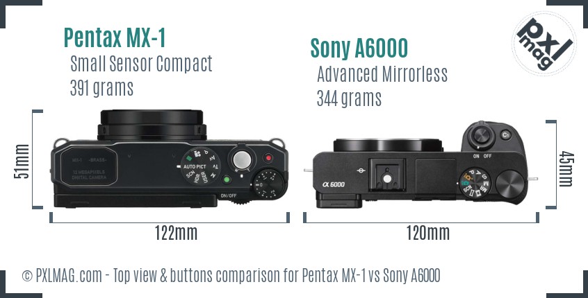 Pentax MX-1 vs Sony A6000 top view buttons comparison