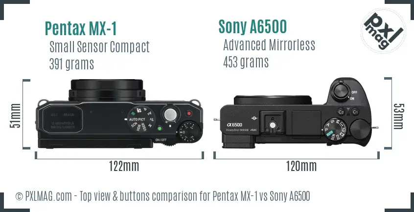 Pentax MX-1 vs Sony A6500 top view buttons comparison Pentax MX-1 vs Sony A6500 top view buttons comparison