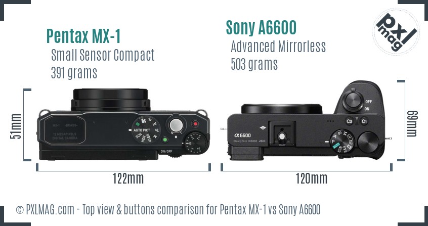 Pentax MX-1 vs Sony A6600 top view buttons comparison
