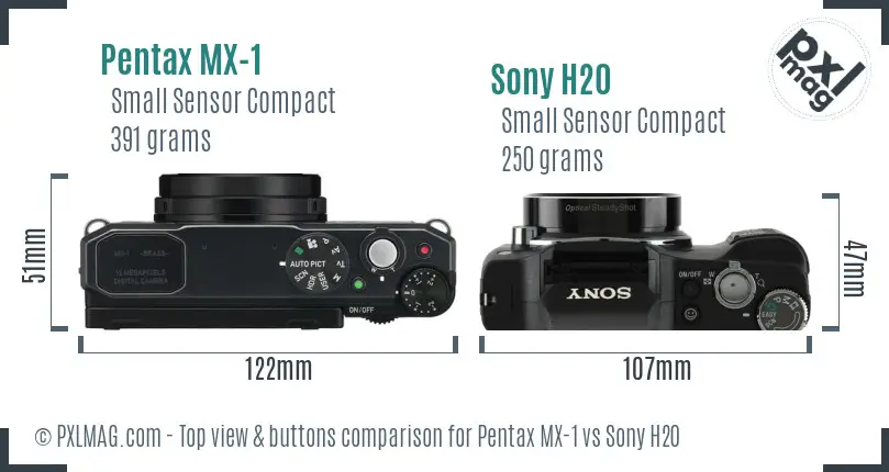 Pentax MX-1 vs Sony H20 top view buttons comparison