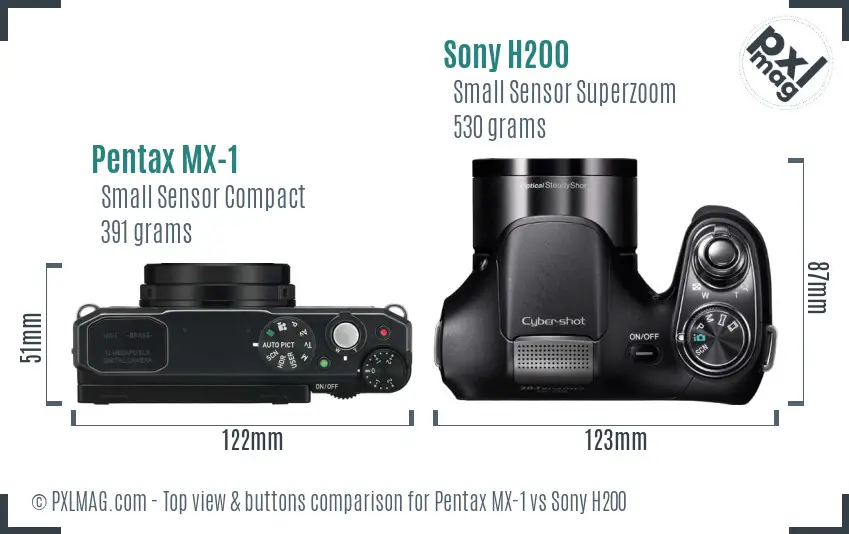Pentax MX-1 vs Sony H200 top view buttons comparison Pentax MX-1 vs Sony H200 top view buttons comparison