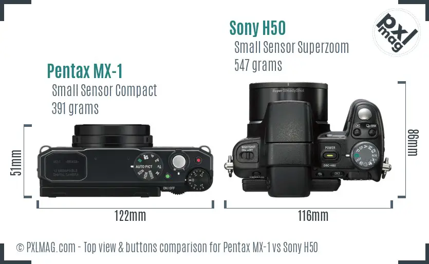 Pentax MX-1 vs Sony H50 top view buttons comparison