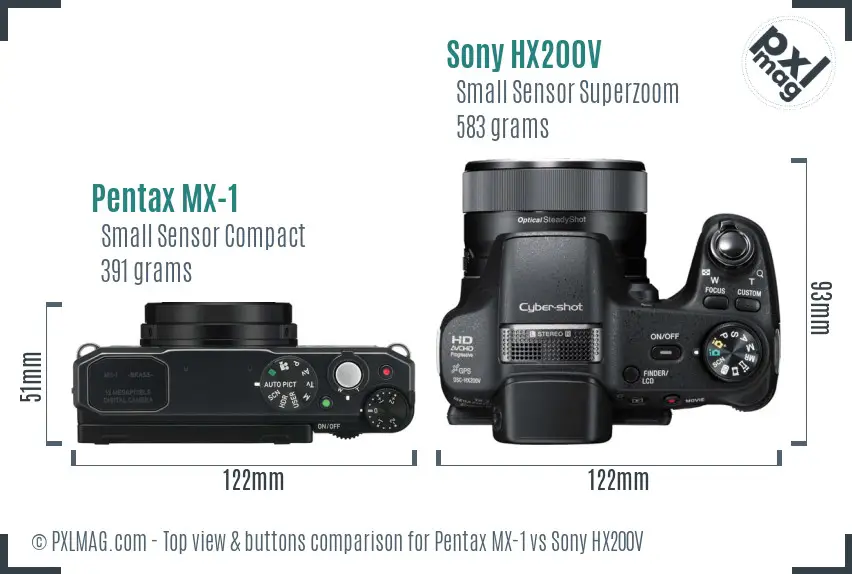 Pentax MX-1 vs Sony HX200V top view buttons comparison