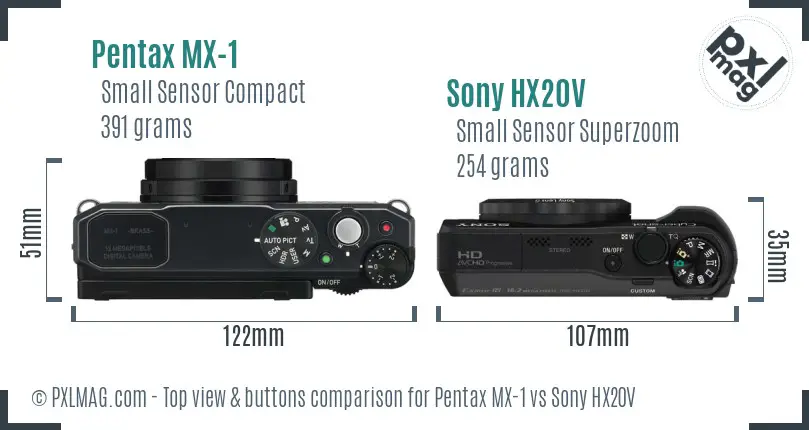 Pentax MX-1 vs Sony HX20V top view buttons comparison