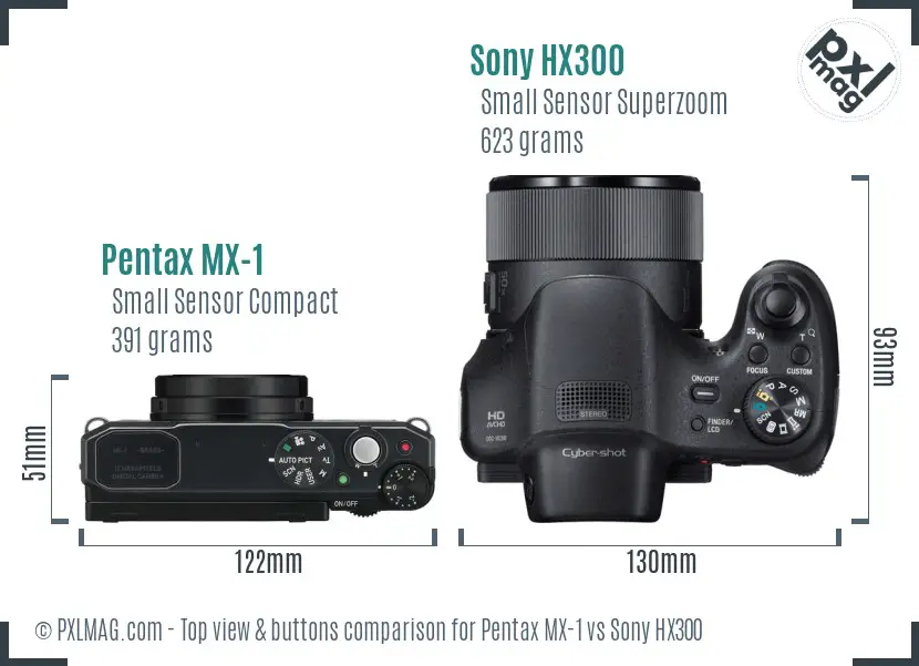 Pentax MX-1 vs Sony HX300 top view buttons comparison