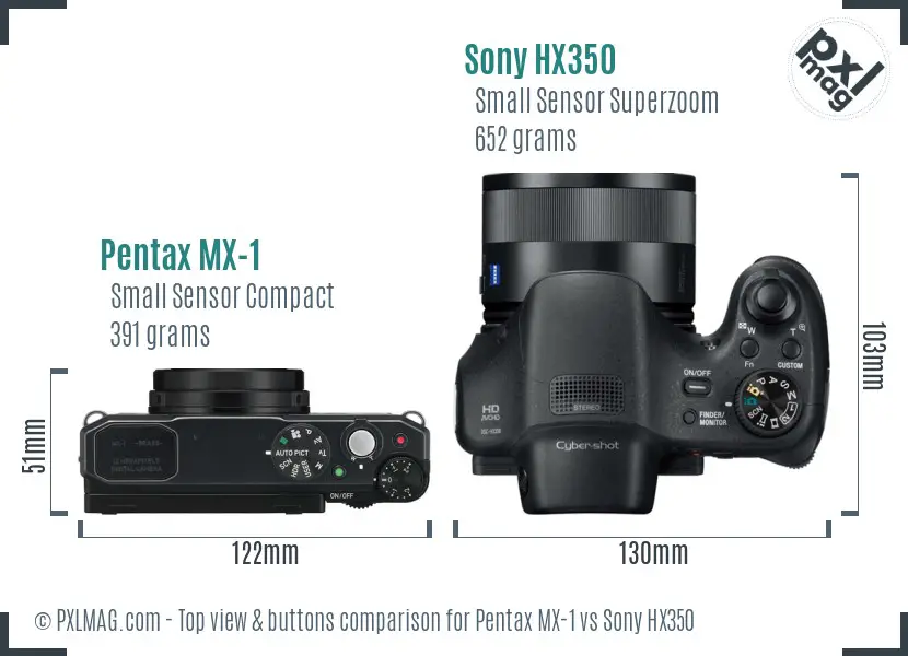 Pentax MX-1 vs Sony HX350 top view buttons comparison