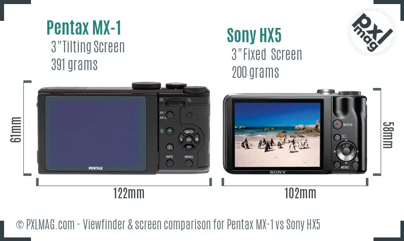 Pentax MX-1 vs Sony HX5 Screen and Viewfinder comparison