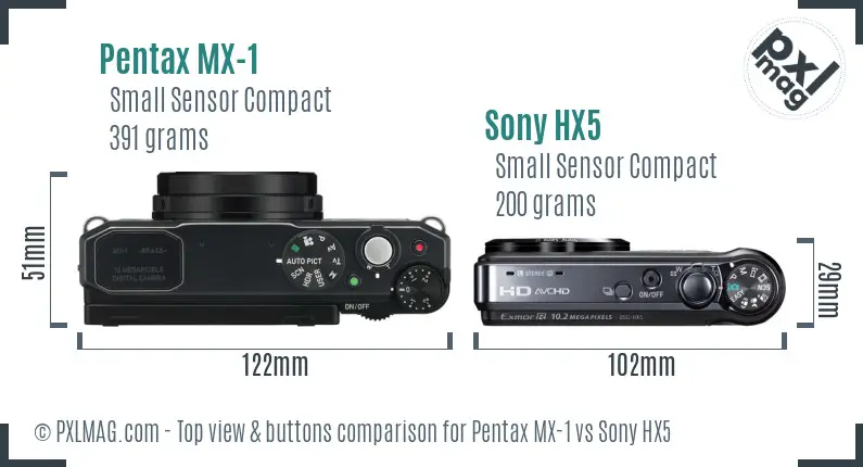 Pentax MX-1 vs Sony HX5 top view buttons comparison
