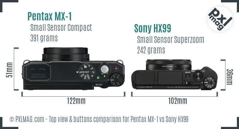 Pentax MX-1 vs Sony HX99 top view buttons comparison