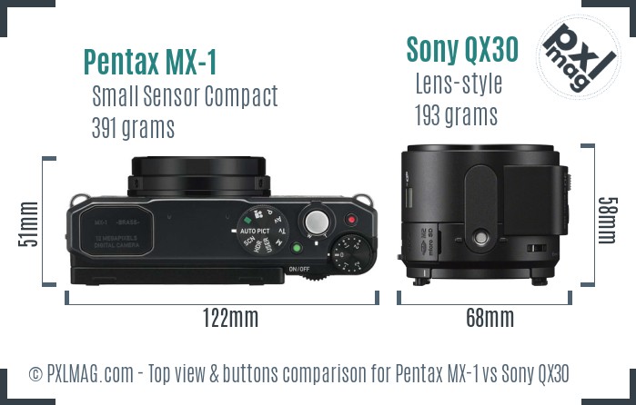 Pentax MX-1 vs Sony QX30 top view buttons comparison