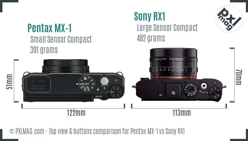 Pentax MX-1 vs Sony RX1 top view buttons comparison Pentax MX-1 vs Sony RX1 top view buttons comparison