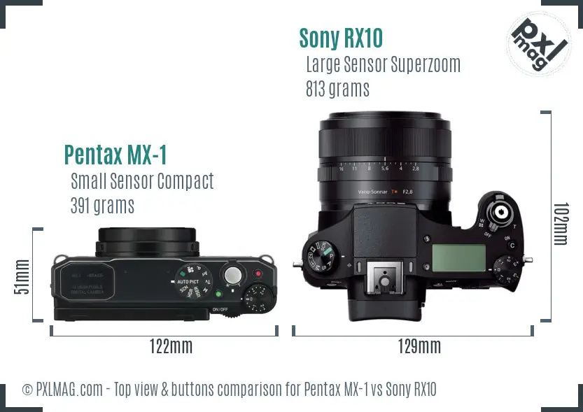 Pentax MX-1 vs Sony RX10 top view buttons comparison
