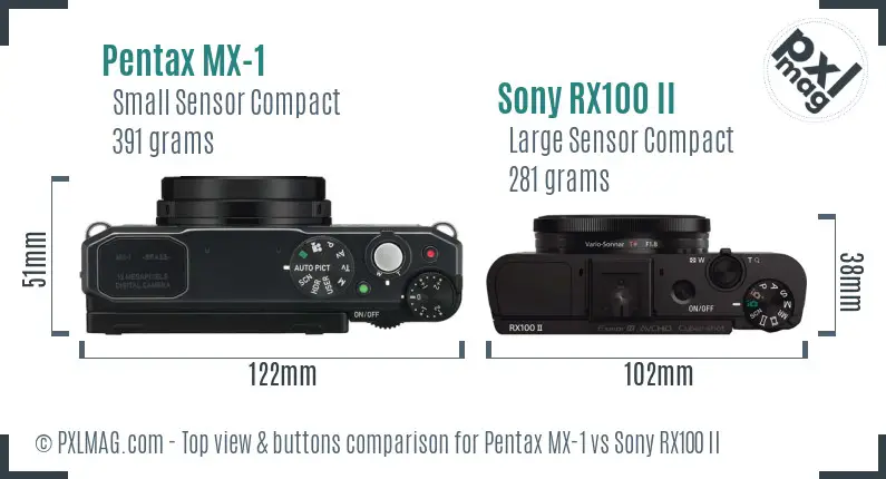 Pentax MX-1 vs Sony RX100 II top view buttons comparison Pentax MX-1 vs Sony RX100 II top view buttons comparison