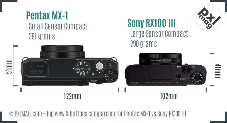 Pentax MX-1 vs Sony RX100 III top view buttons comparison Pentax MX-1 vs Sony RX100 III top view buttons comparison