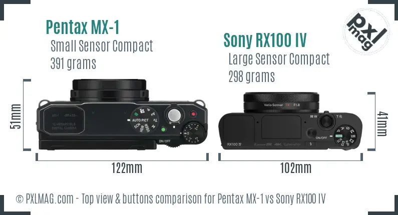 Pentax MX-1 vs Sony RX100 IV top view buttons comparison Pentax MX-1 vs Sony RX100 IV top view buttons comparison