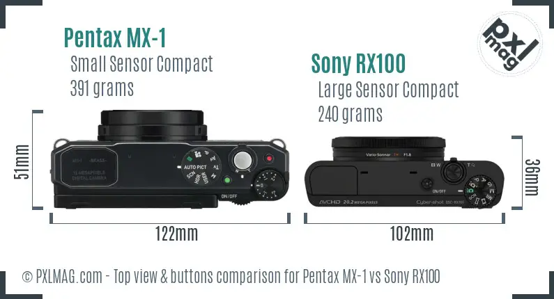 Pentax MX-1 vs Sony RX100 top view buttons comparison Pentax MX-1 vs Sony RX100 top view buttons comparison