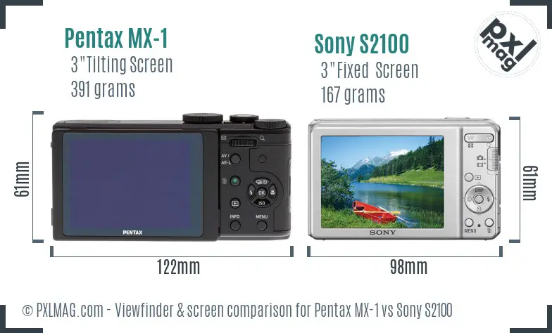 Pentax MX-1 vs Sony S2100 Screen and Viewfinder comparison