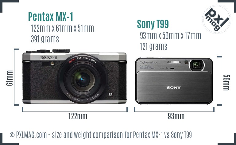 Pentax MX-1 vs Sony T99 size comparison