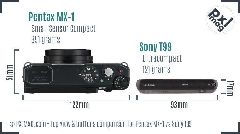 Pentax MX-1 vs Sony T99 top view buttons comparison